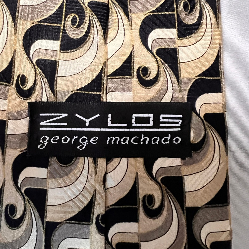 Zylos George Machado Mens Silk Tie Black‎ Tan Art Deco Geometric T302 4 Inch